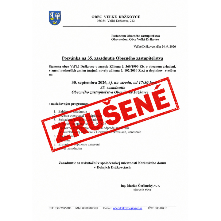 35. zasadnutie obecného zastupiteľstva ZRUŠENÉ