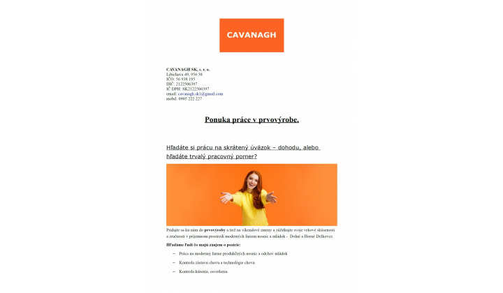 CAVANAGH SK, s.r.o. - Ponuka práce v prvovýrobe