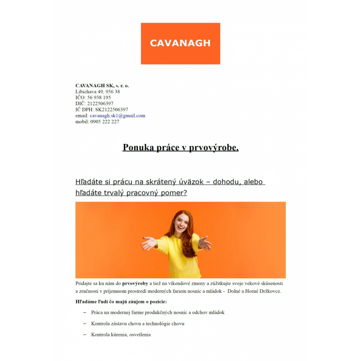 CAVANAGH SK, s.r.o. - Ponuka práce v prvovýrobe