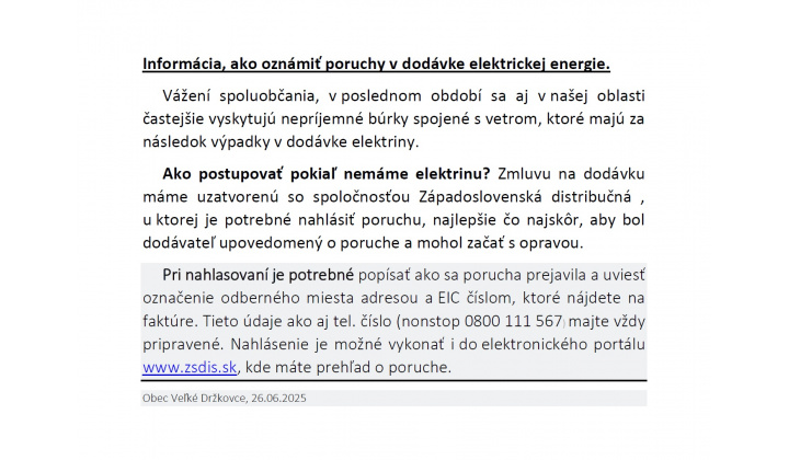 INFORMÁCIA - Ako oznámiť poruchy v dodávke elektrickej energie