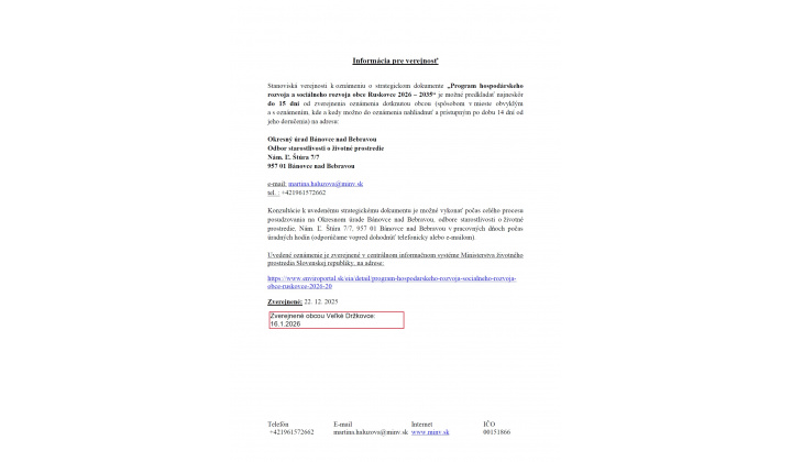 Informácia pre verejnosť - PHSR obce Ruskovce 2026-2035