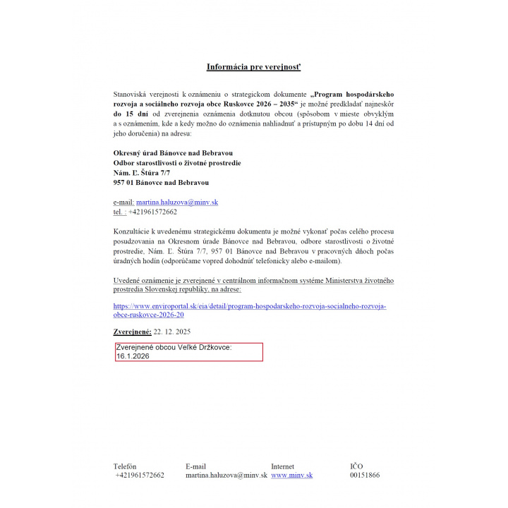 Informácia pre verejnosť - PHSR obce Ruskovce 2026-2035