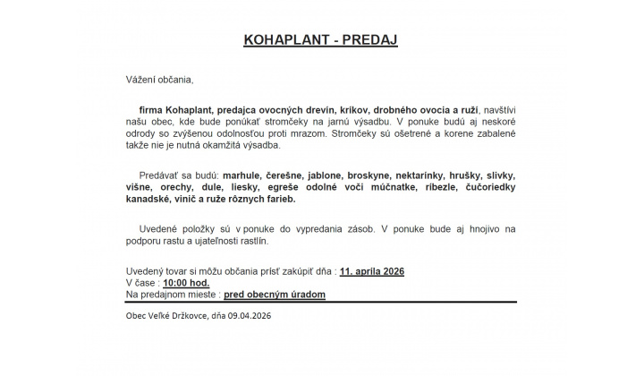 KOHAPLANT - Predaj ovocných drevín