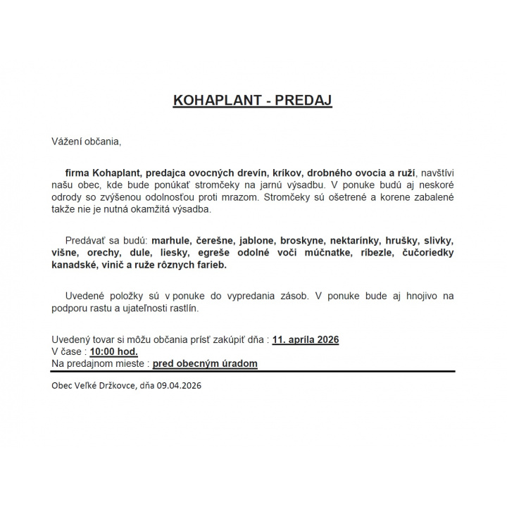 KOHAPLANT - Predaj ovocných drevín
