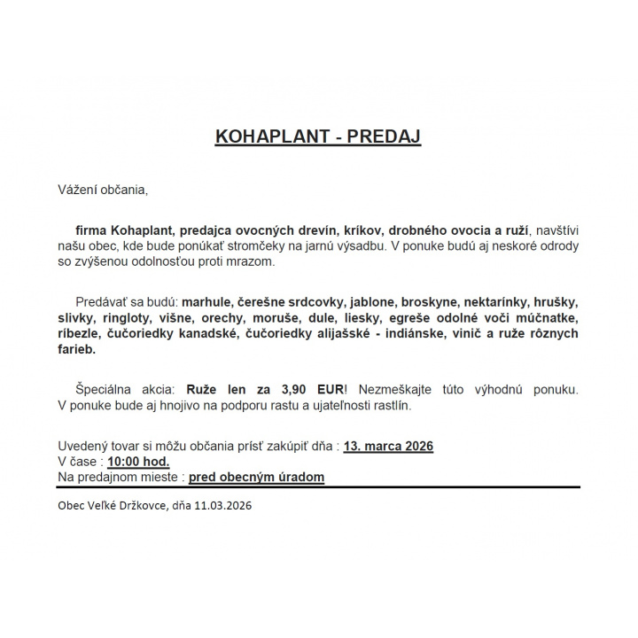 KOHAPLANT, spol. s.r.o. - PREDAJ ovocných drevín