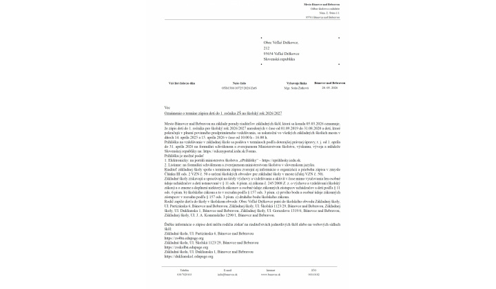 Mesto  Bánovce nad Bebravou - Oznámenie o termíne zápisu detí do 1. ročníka ZŠ na školský rok 2026/2027