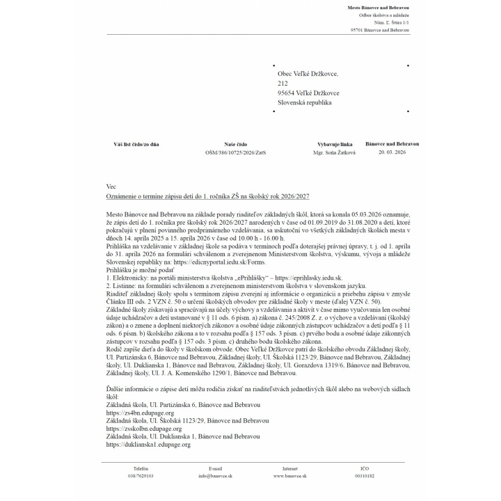 Mesto  Bánovce nad Bebravou - Oznámenie o termíne zápisu detí do 1. ročníka ZŠ na školský rok 2026/2027