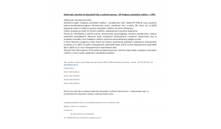 Národný projekt ’’Podpora osamelých rodičov - poradenstvo inak’’