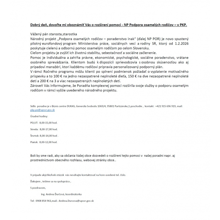 Národný projekt ’’Podpora osamelých rodičov - poradenstvo inak’’