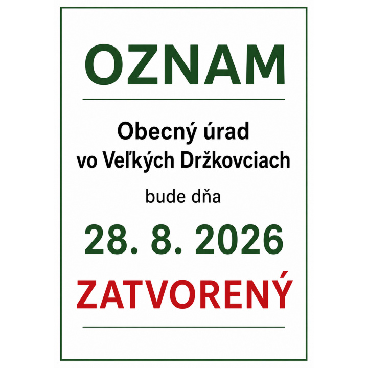 Obecný úrad 28. 8. 2026 zatvorený