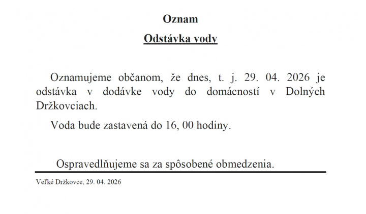 Odstávka dodávky vody v Dolných Držkovciach 29.04.2026