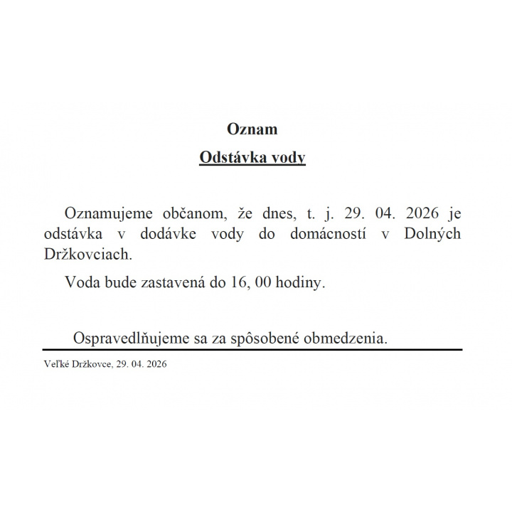 Odstávka dodávky vody v Dolných Držkovciach 29.04.2026