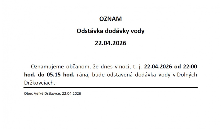 Odstávka dodávky vody v Dolných Držkovciach