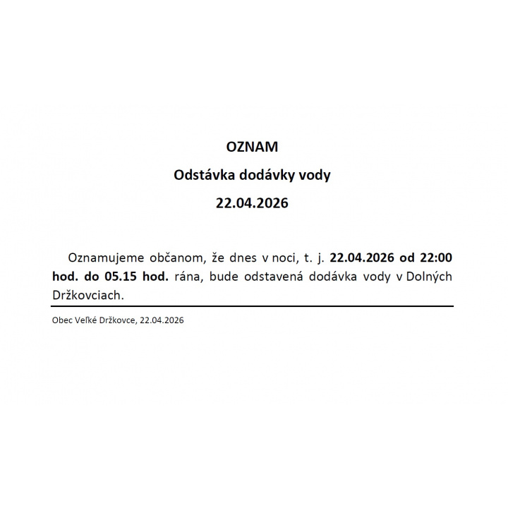 Odstávka dodávky vody v Dolných Držkovciach