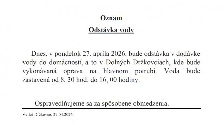 Odstávka vody 27.04.2026