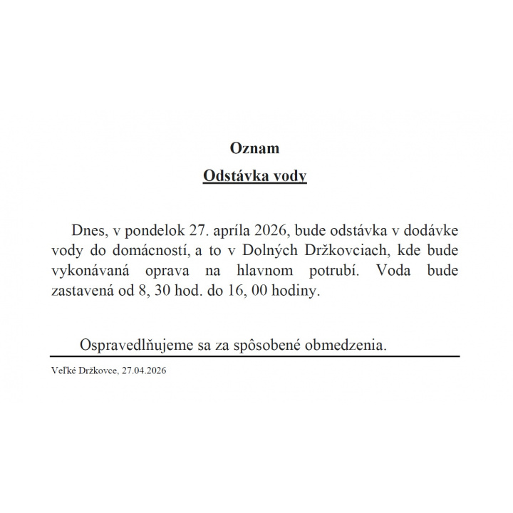 Odstávka vody 27.04.2026