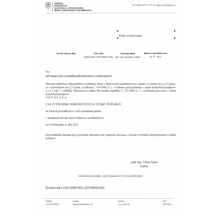Odvolanie času zvýšeného nebezpečenstva vzniku požiaru