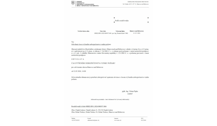 Odvolanie času zvýšeného nebezpečenstva vzniku požiaru