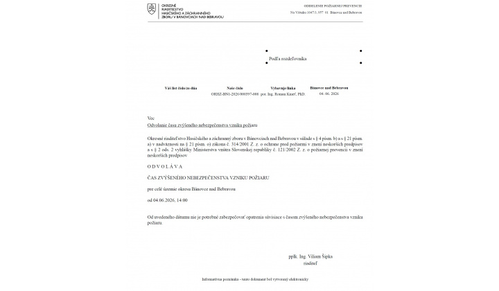 ORHaZZ BN - Odvolanie času zvýšeného nebezpečenstva vzniku požiaru