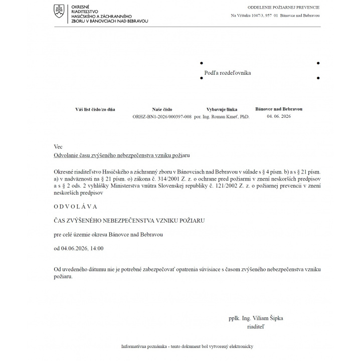 ORHaZZ BN - Odvolanie času zvýšeného nebezpečenstva vzniku požiaru