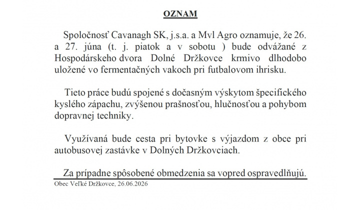 OZNAM - Cavanagh SK, j.s.a. a MVL Agro