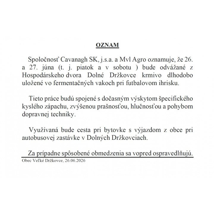 OZNAM - Cavanagh SK, j.s.a. a MVL Agro