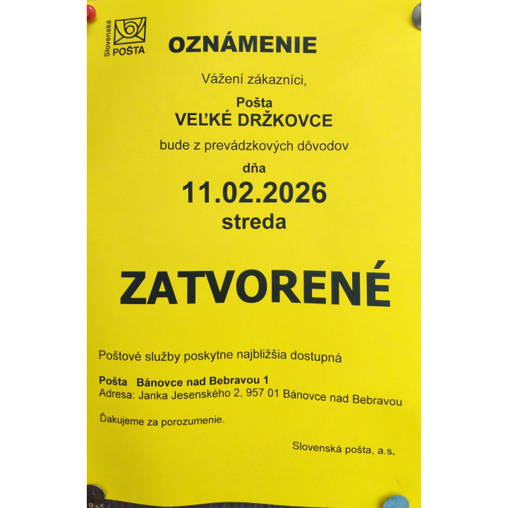 OZNAM - POŠTA 11.02.2026 - ZATVORENÁ