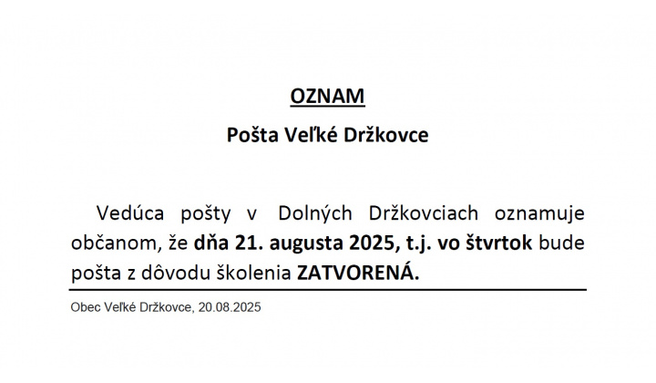 OZNAM - POŠTA Veľké Držkovce