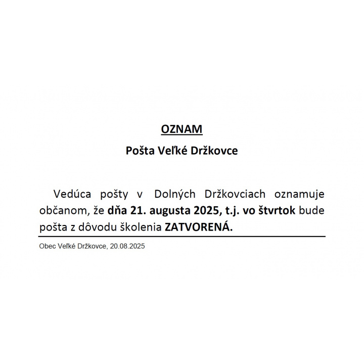 OZNAM - POŠTA Veľké Držkovce