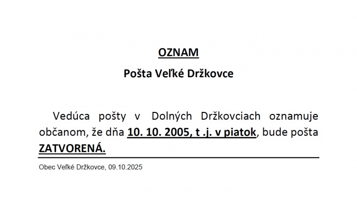 OZNAM - Pošta Veľké Držkovce