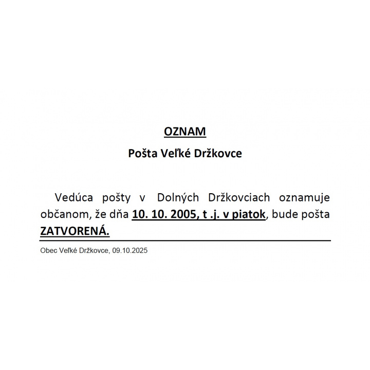 OZNAM - Pošta Veľké Držkovce
