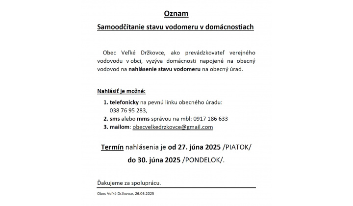 OZNAM - Samoodčítanie stavu vodomeru v domácnostiach od 27.júna 2025
