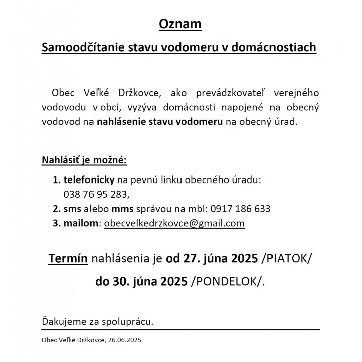 OZNAM - Samoodčítanie stavu vodomeru v domácnostiach od 27.júna 2025