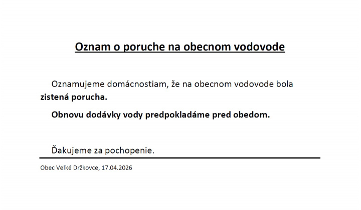 Oznam o poruche na obecnom vodovode