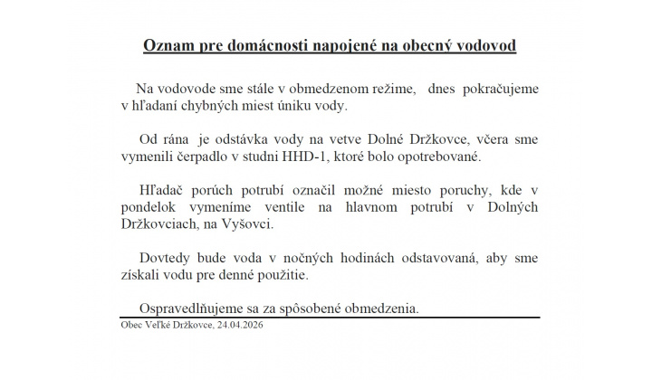 Oznam pre domácnosti napojené na obecný vodovod