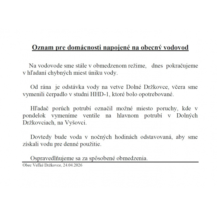 Oznam pre domácnosti napojené na obecný vodovod