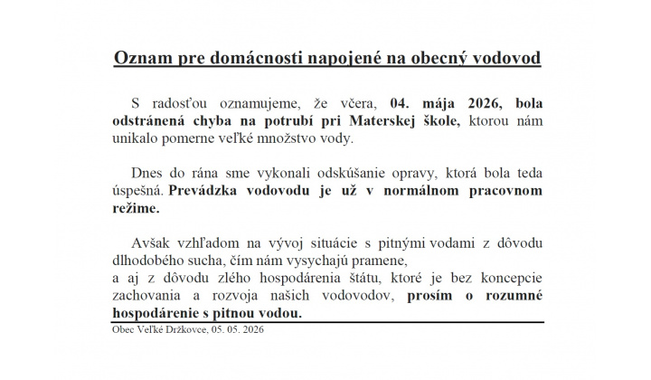 Oznam pre domácnosti napojené na obecný vodovod