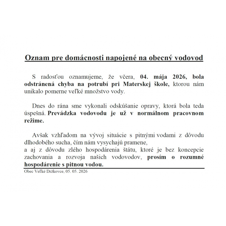 Oznam pre domácnosti napojené na obecný vodovod