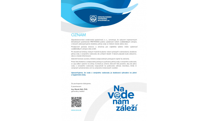 Oznam Západoslovenská vodárenská spol. - pokles výdatnosti vodných zdrojov