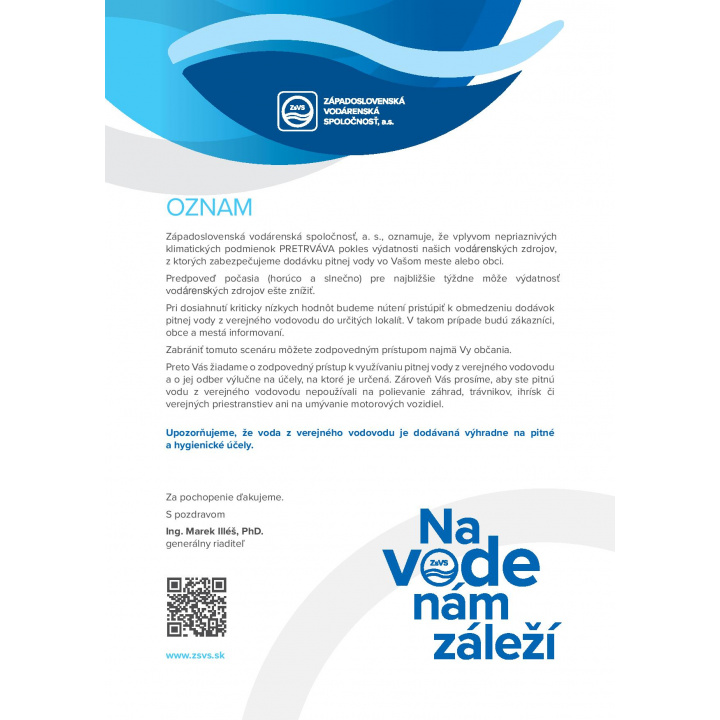 Oznam Západoslovenská vodárenská spol. - pokles výdatnosti vodných zdrojov