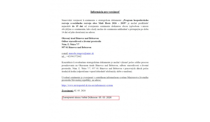 Oznámenie o strategickom dokumente - Program hospodárskeho rozvoja a sociálneho rozvoja obce Malé Hoste 2026-2035