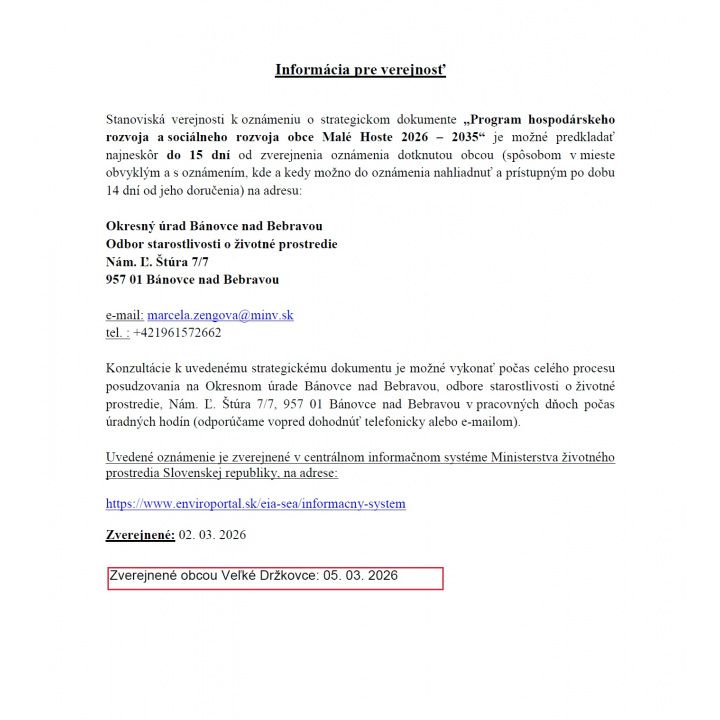 Oznámenie o strategickom dokumente - Program hospodárskeho rozvoja a sociálneho rozvoja obce Malé Hoste 2026-2035
