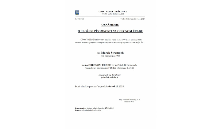 Oznámenie o uložení písomnosti na obecnom úrade - Marek Strempek
