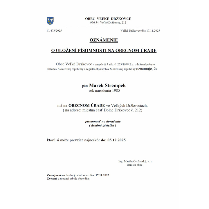 Oznámenie o uložení písomnosti na obecnom úrade - Marek Strempek