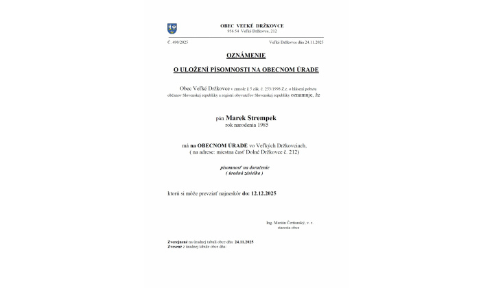 Oznámenie o uložení písomnosti na obecnom úrade - Marek Strempek