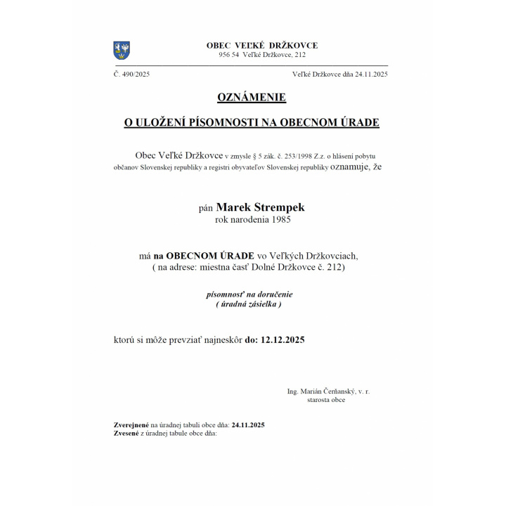 Oznámenie o uložení písomnosti na obecnom úrade - Marek Strempek