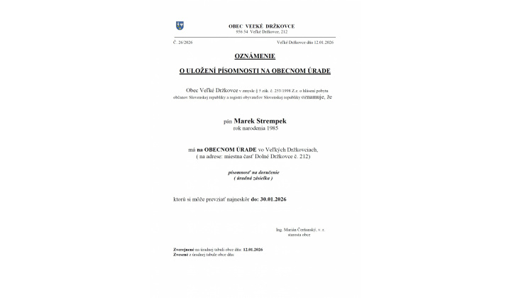 Oznámenie o uložení písomnosti na obecnom úrade - Marek Strempek