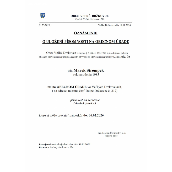 Oznámenie o uložení písomnosti na obecnom úrade - Marek Strempek