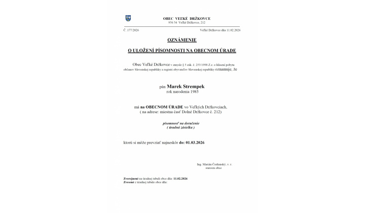 Oznámenie o uložení písomnosti na obecnom úrade - Marek Strempek