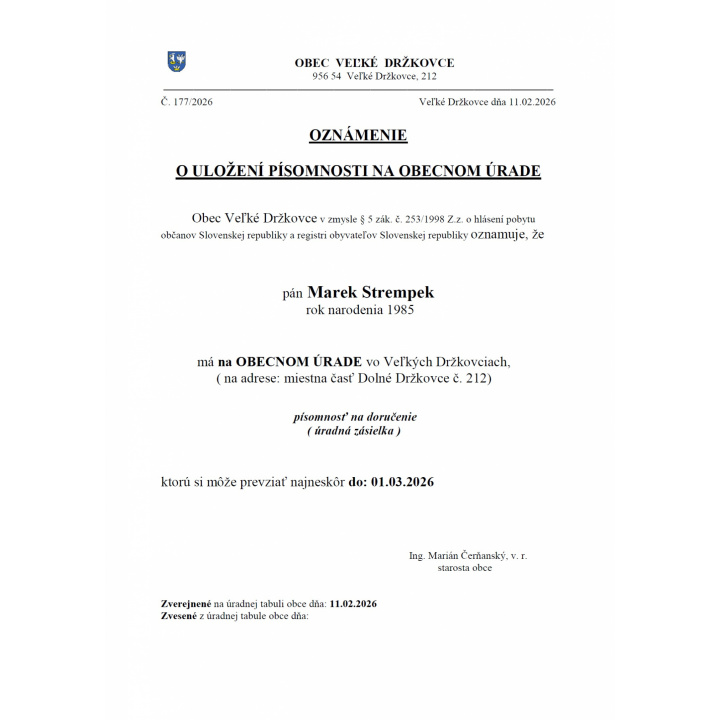 Oznámenie o uložení písomnosti na obecnom úrade - Marek Strempek